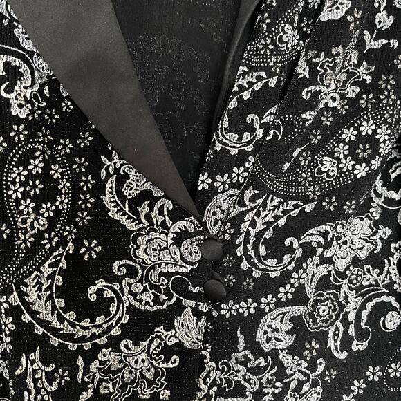 Alex Evenings Black Paisley Print Satin Shawl Collar Chiffon Long Sleeve Jacket - Picture 7 of 10